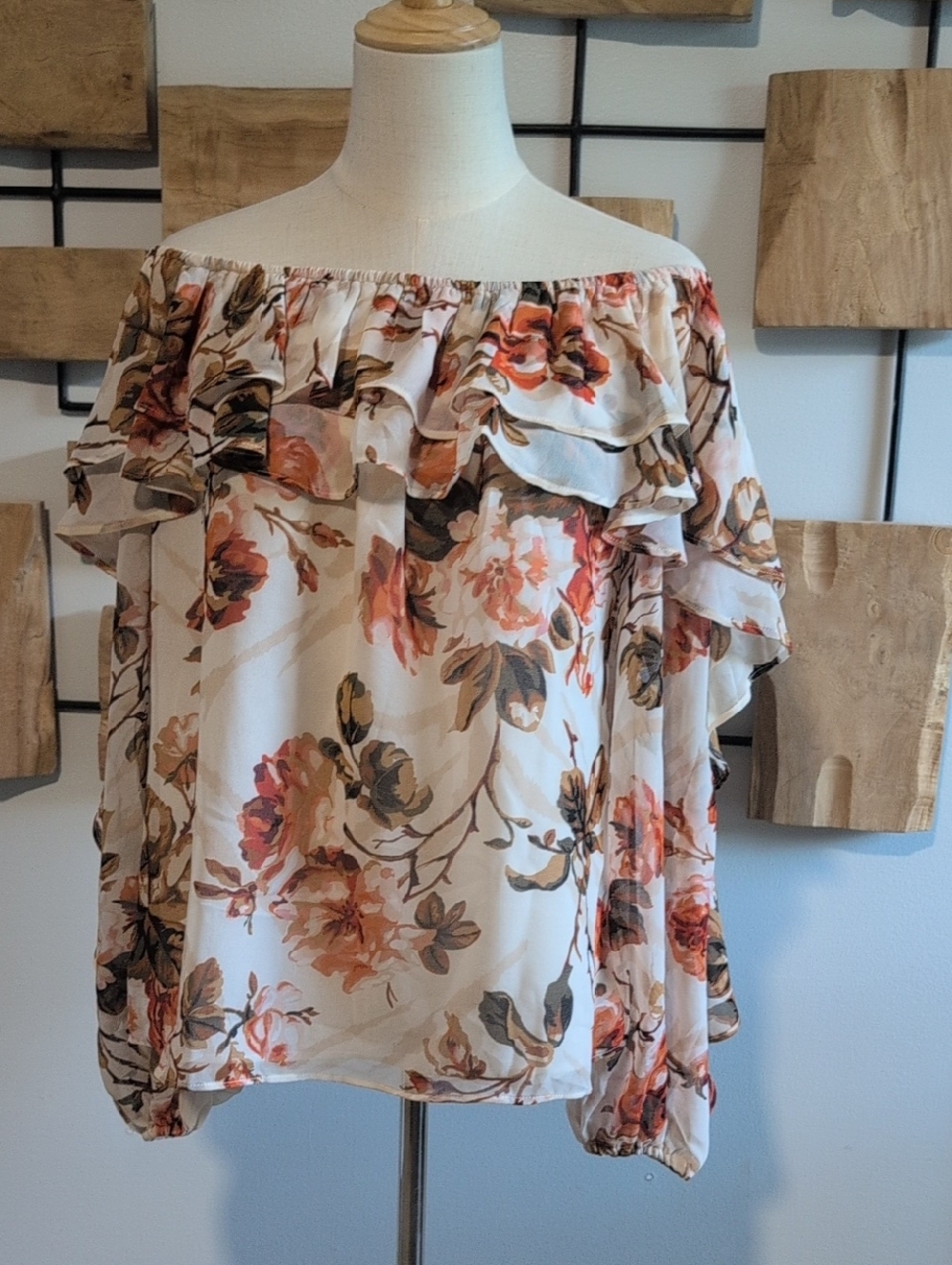 White House Black Market Cream Off-Shoulder Floral Ruffle Blouse